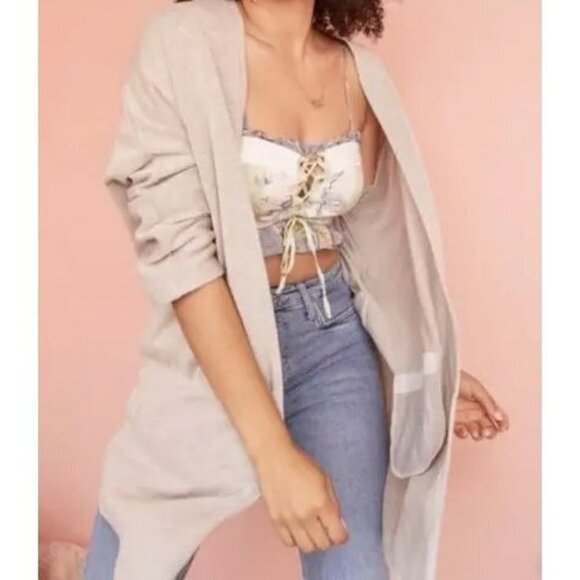 Anthropologie Donni Grey Ribbed Draped Long Open Cardigan Pockets One Size Fits - Picture 1 of 9